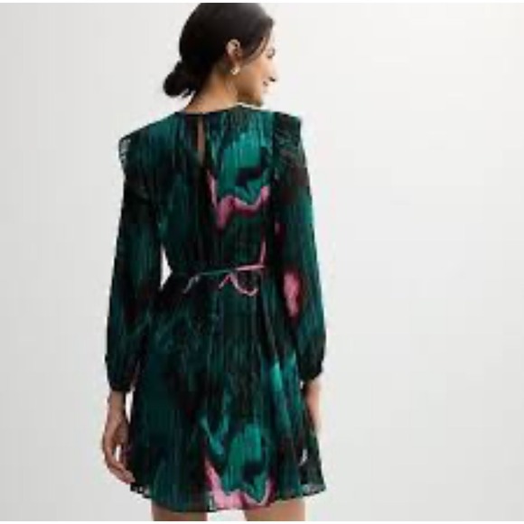 Nine West Ruffle Sleeve Blouson Mini Dress Women Medium Green Whimsigoth Shimmer - Picture 2 of 15